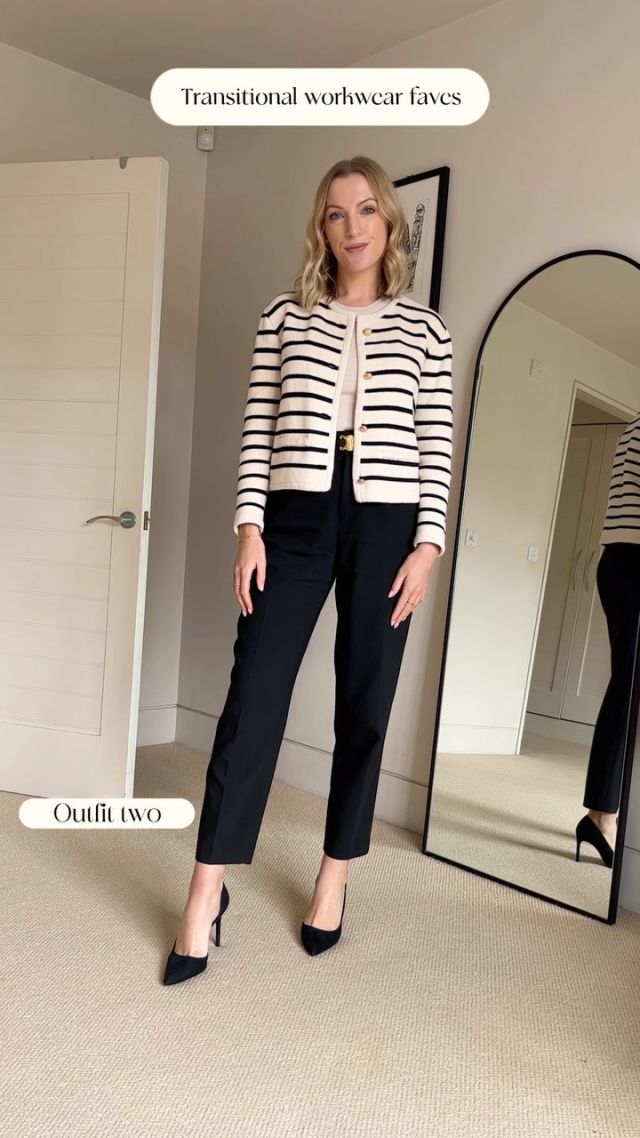 The transitional workwear that I’m currently wearing on repeat - hopefully easy to recreate with your own wardrobe! 🫶🏻

Outfit 1:
Cream knitted tee - Mango (old)
Striped cardigan - @bykk.brand 
Black trousers - Uniqlo
Black heels - Mango

Outfit 2:
Black knitted tee - Mango (old)
Black blazer - @thefoldlondon (AD press product)
Black belt - Celine
Black slingbacks - H&M (old) 

Outfit 3:
White shirt - Zara (old - any classic white shirt will do!) 
Black trousers - Uniqlo
Black belt - Celine 
Slingbacks - M&S (old but they re-release them periodically!)
Trench - Bershka (old)

Outfit 4:
Cream blouse - Mango (old)
Navy trousers - Mango
Belt - Isabel Marant 
Nude loafers - Dune via House of Fraser sale

Outfit 5:
Linen blazer - H&M
White vest - H&M
Jeans - ASOS 
Nude loafers - Dune via House of Fraser sale

#workwear #workwearinspo #lawyerfashion #officechic #9to5style #workfashion #officeoutfits #workwearoutfits